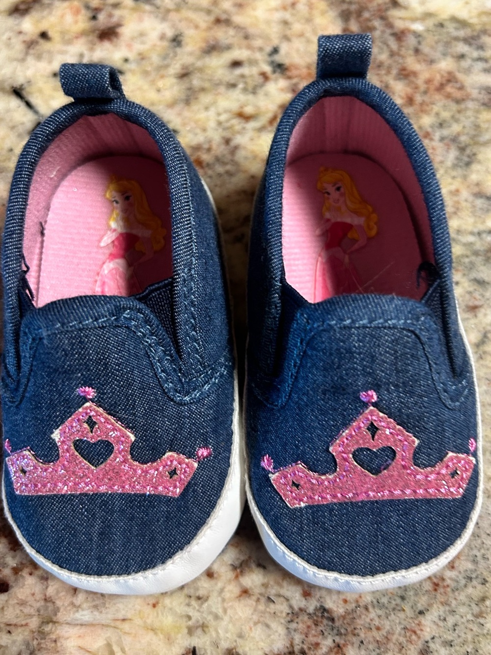 NEW Disney Princess Denim 3-6 month Baby Slip-On Shoes Sleeping Beauty Aurora